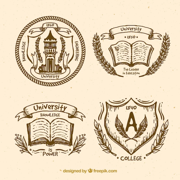 Vecteur gratuit main université dessinée badges décoratifs