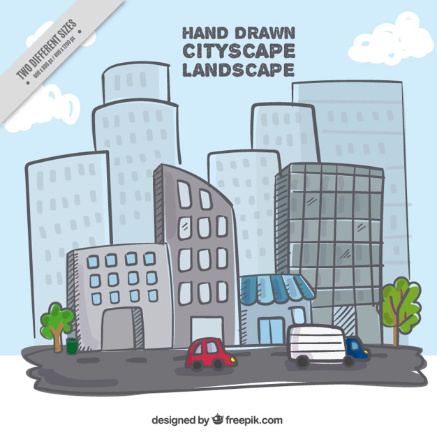 Vecteur gratuit main ville dessinée avec haut monte fond