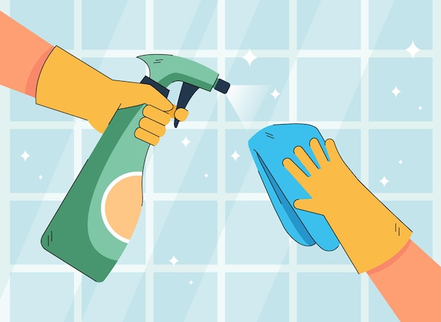 Mains de caractère dans des gants nettoyant les carreaux de la cuisine ou de la salle de bain