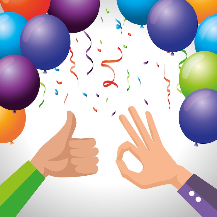 Vecteur gratuit mains d'hommes avec des ballons et des confettis de fête