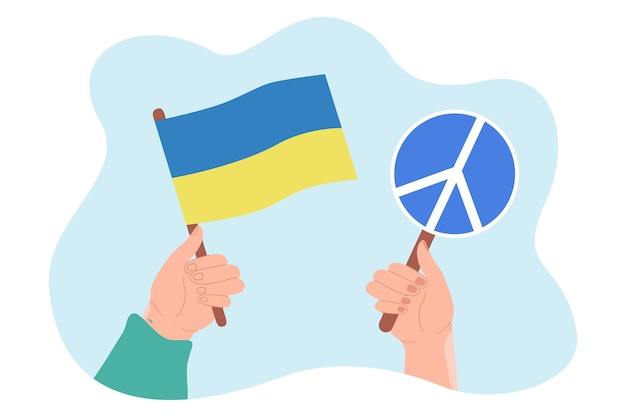 Vecteur gratuit mains humaines tenant le drapeau ukrainien et le symbole de paix du cercle. soutien et amour pour l'ukraine à partir de l'illustration vectorielle plane de personnes. liberté, concept de guerre d'arrêt pour la bannière, la conception de sites web ou la page web de destination