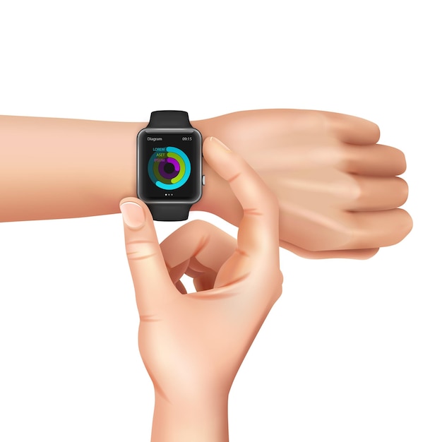 Mains avec montre intelligente noire avec jeu de couleurs à l'écran sur blanc réaliste