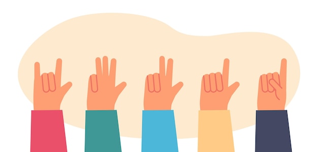 Vecteur gratuit mains de personnes montrant des nombres de un à quatre. personnes comptant avec les doigts, geste de la main signifiant amour illustration vectorielle plane. langue des signes, concept d'éducation pour bannière ou page web de destination