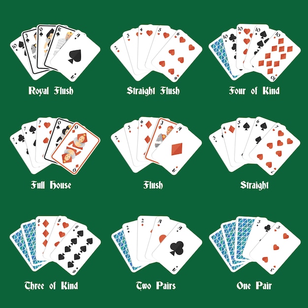 Vecteur gratuit les mains de poker ensemble avec royal flush quatre de la pleine maison pleine maison illustration vectorielle isolée