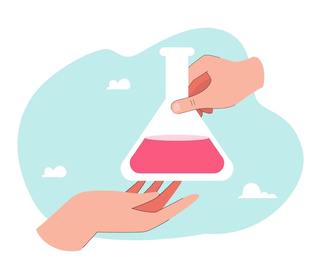 Vecteur gratuit mains de scientifiques tenant un tube à essai en verre avec un liquide rose