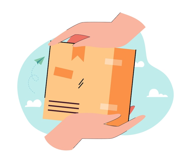 Vecteur gratuit mains tenant un colis dans une boîte en carton. mains autour du paquet avec illustration vectorielle plane de commande. expédition, service de livraison, concept mobile pour bannière, conception de site web ou page web de destination