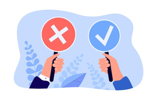 Mains tenant des pancartes avec croix et coche. Faux et vrai, annuler ou voter approuvé de l'illustration vectorielle plane de la personne. Examen, enquête, concept de réponse pour bannière, conception de site Web ou page Web de destination