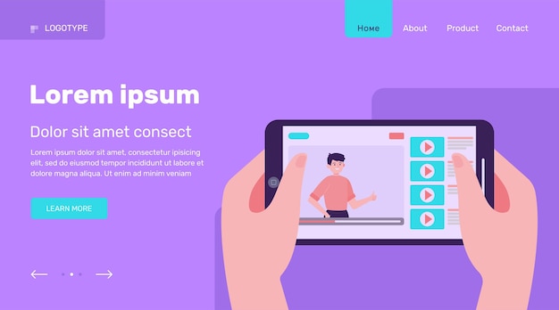 Mains Tenant Le Smartphone Avec Vidéo En Ligne. Téléphone, Tablette, Illustration Vectorielle Plane De Film. Conception De Site Web De Concept De Divertissement Et De Technologie Numérique Ou Page Web De Destination