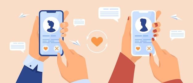 Vecteur gratuit mains d'utilisateurs d'applications de rencontres détenant des téléphones mobiles. individus célibataires à la recherche de partenaires sur internet