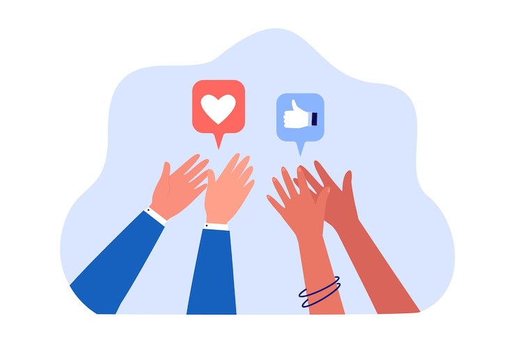 Vecteur gratuit mains d'utilisateurs de médias sociaux applaudissant et partageant des messages. les personnes qui aiment le service, le produit ou l'illustration vectorielle plane photo. internet, réseau, concept de communication pour bannière ou page web de destination