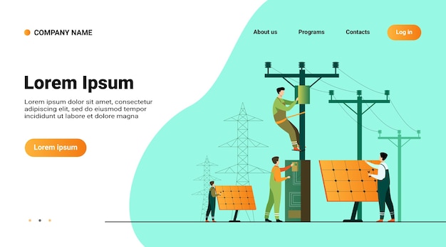 Vecteur gratuit maintenance de la centrale solaire. les travailleurs des services publics réparant les installations électriques, les boîtes sur les tours sous les lignes électriques