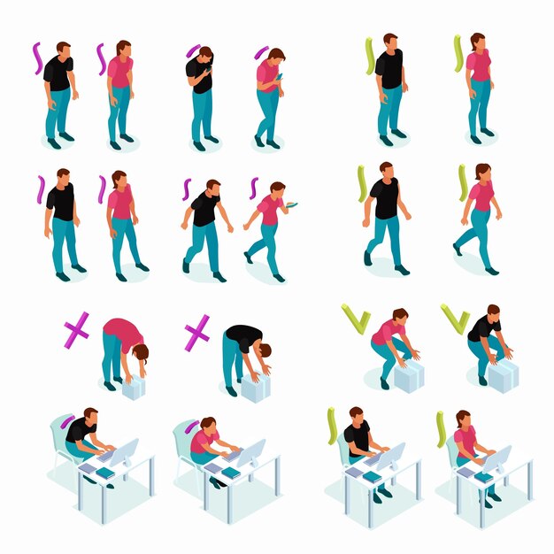 Maintenir un bon alignement correct et sain des parties du corps par rapport aux mauvais exemples de mauvaise posture illustration vectorielle isométrique