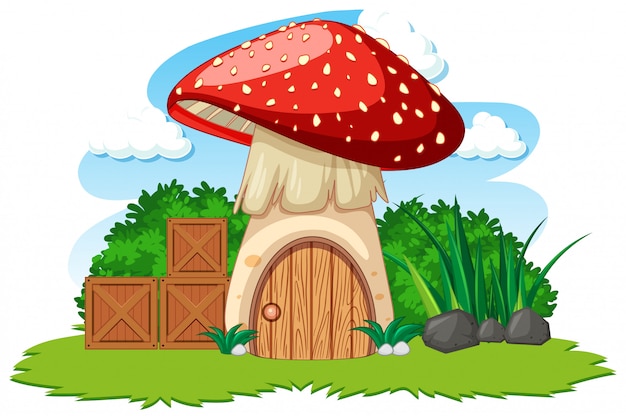 Vecteur gratuit maison aux champignons et un style de bande dessinée d'herbe sur fond blanc