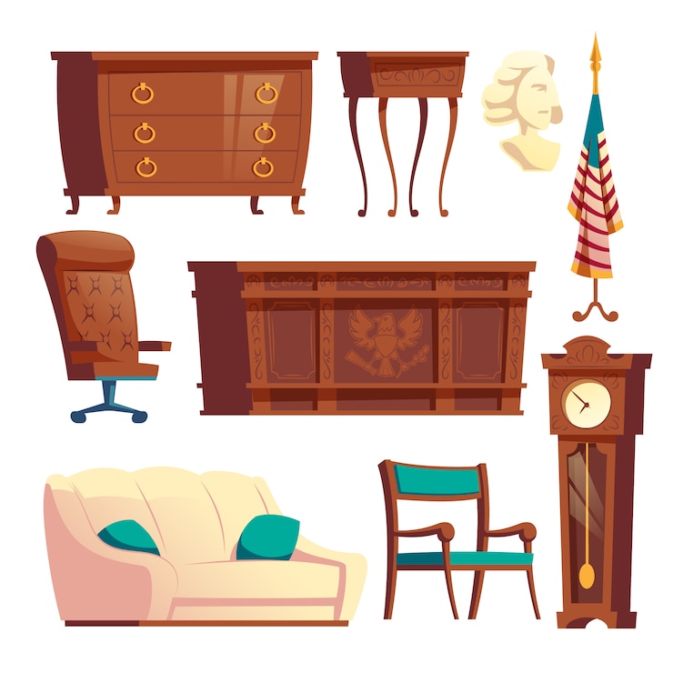 Vecteur gratuit maison blanche ovale bureau mobilier en bois dessin animé vector ensemble