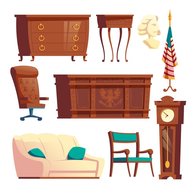 Maison blanche ovale bureau mobilier en bois dessin animé vector ensemble
