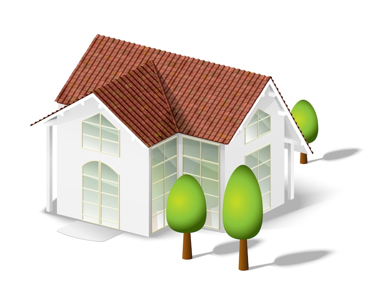 Vecteur gratuit maison blanche et quelques arbres isolés sur blanc