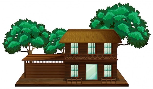 Maison En Bois Avec Scène D'illustration D'arbres