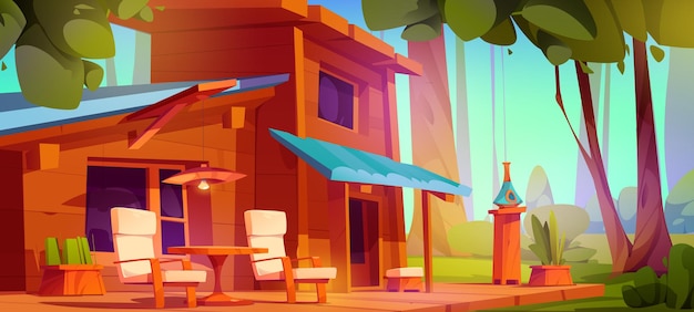 Vecteur gratuit maison en bois avec terrasse dans la forêt vector de dessins animés paysage d'été de la forêt avec des arbres verts et une petite maison avec des fauteuils et une table sur le patio veranda avec des meubles pour la détente en plein air