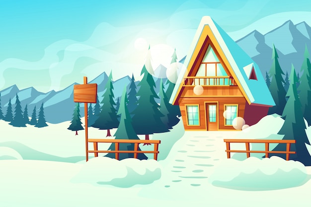 Vecteur gratuit maison de campagne ou de village dans la caricature des montagnes enneigées