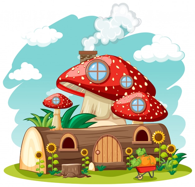 Vecteur gratuit maison champignon bois et dans le style de dessin animé de jardin sur fond de ciel