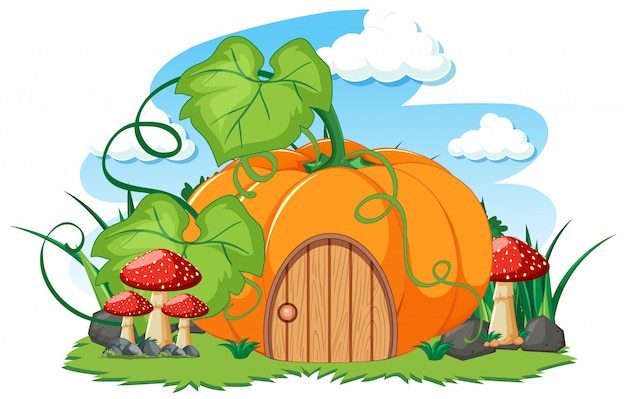 Vecteur gratuit maison de citrouille et un style de dessin animé aux champignons sur fond blanc