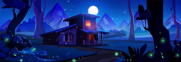 Vecteur gratuit la maison dans la nuit, la forêt de montagne, le fond du jeu.