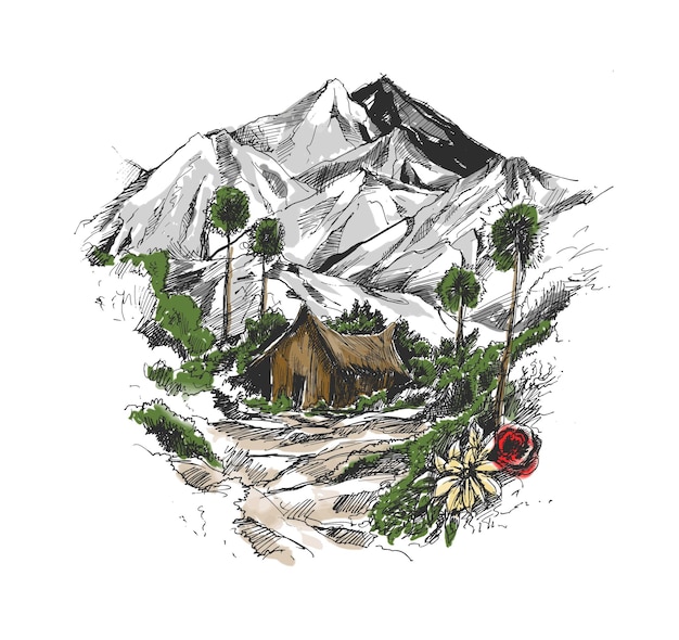 Maison dans le paysage de montagne Illustration vectorielle de croquis dessinés à la main