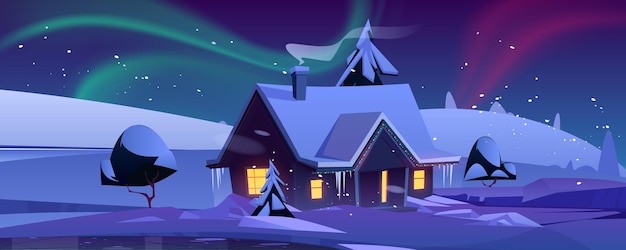 Vecteur gratuit maison avec décoration de noël la nuit dans le paysage d'hiver