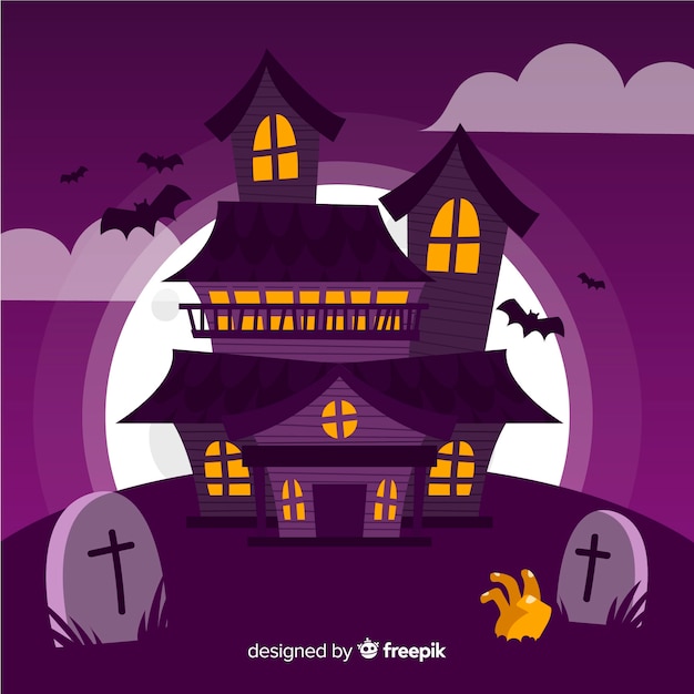 Vecteur gratuit maison d'halloween dans un cimetière et une main de zombie