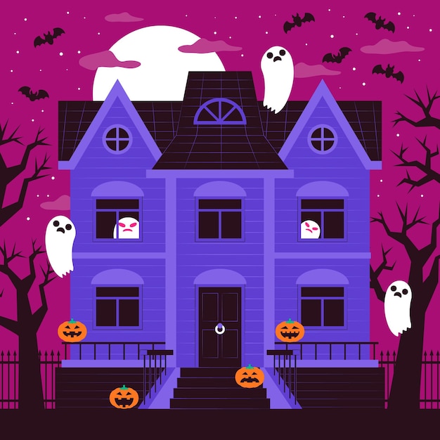 Vecteur gratuit maison d'halloween effrayante design plat