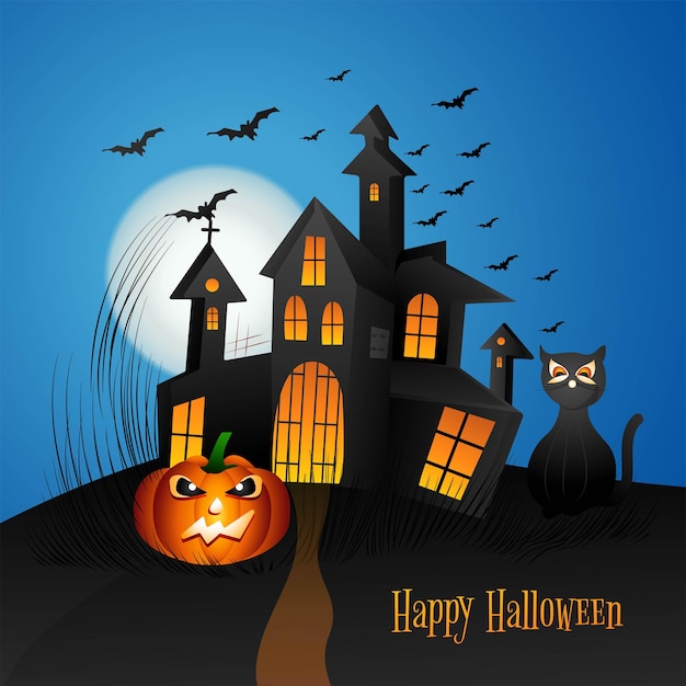 Maison hantée fantasmagorique de citrouille d'Halloween avec le clair de lune sur le fond bleu