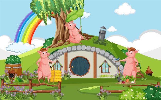 Maison de hobbit avec une famille de cochons