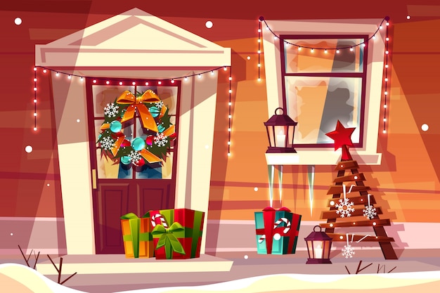 Vecteur gratuit maison avec illustration de décorations de noël d'entrée de maison en bois avec des lumières de noël