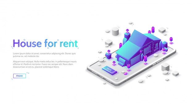 Maison à louer page de destination isométrique, application mobile