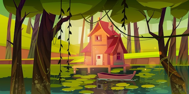 Vecteur gratuit maison sur pilotis au marais forestier avec bateau en bois.