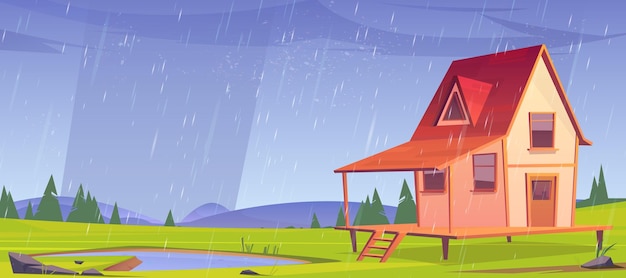 Vecteur gratuit maison sur pilotis en bois par temps de pluie vieille cabane avec terrasse sur pilotis debout sur un champ vert avec étang sous douche à effet pluie et arbres verts autour cabane forestière inhabitée illustration vectorielle de dessin animé