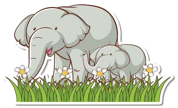 Vecteur gratuit maman éléphant et bébé debout dans l'autocollant de champ d'herbe