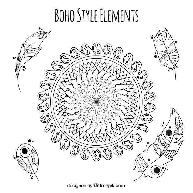 Vecteur gratuit mandala et plumes sketches