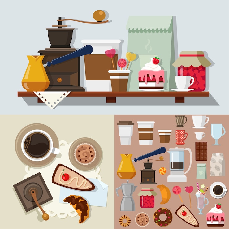 Vecteur gratuit maquette de kit d'objets de magasin de bonbons de confiserie de style plat. icon set outils de produits sucrés pour construire une table de café. collection de kits.