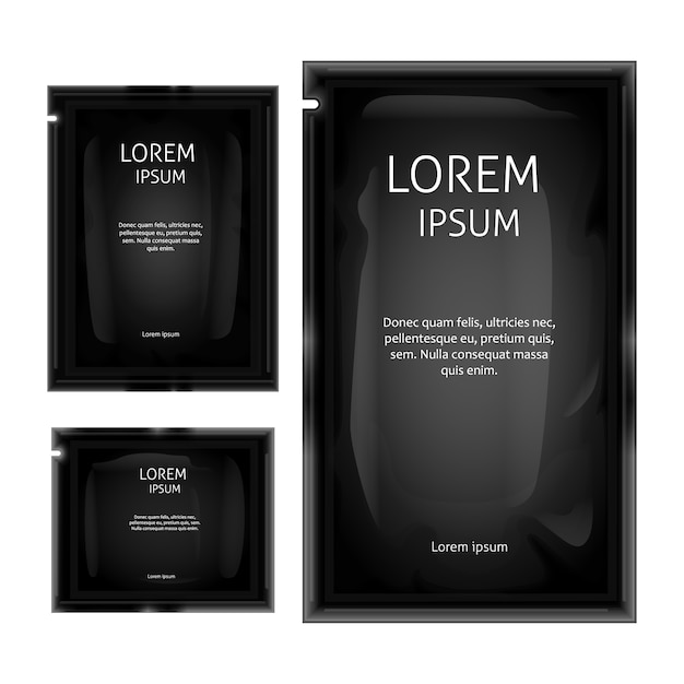 Maquette de papier de sachet en aluminium noir. Cosmétiques vierges brillants réalistes