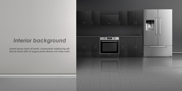 maquette réaliste de l&#39;intérieur de la cuisine avec appareils électroménagers, réfrigérateur