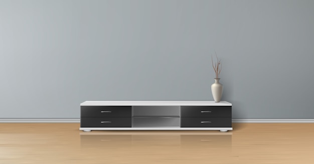 maquette réaliste d&#39;une salle vide avec mur plat gris, plancher en bois, meuble télé avec tiroirs noirs