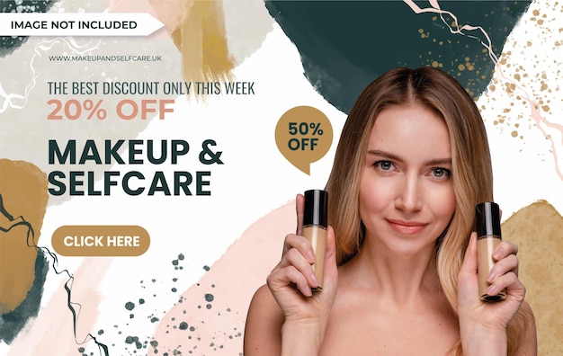 Vecteur gratuit maquillage peint à la main et conception de bannière de vente web selfcare avec une belle femme