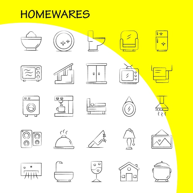 Vecteur gratuit marchandises pour la maison ensemble d'icônes dessinées à la main pour l'infographie le kit uxui mobile et la conception d'impression incluent les appareils ménagers home ware house pan ensemble d'icônes de meubles de salle de bains vector