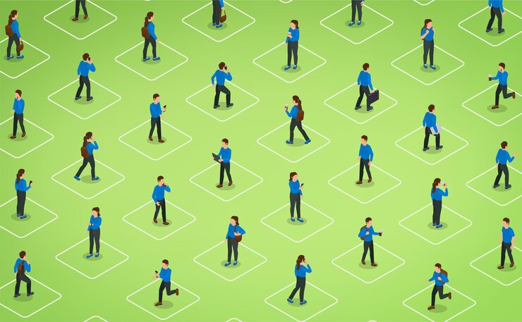 Vecteur gratuit marcher les gens fond vert isométrique avec de jeunes personnes occasionnelles dans différents angles illustration vectorielle