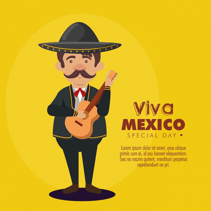 Vecteur gratuit mariachi homme coiffé d'un chapeau avec costume et guitare