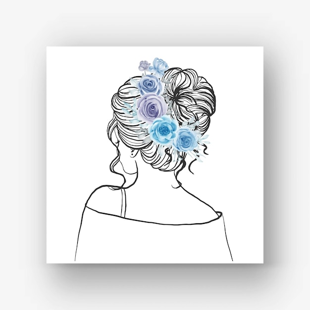 Mariée Dessinée à La Main Avec Une Belle Illustration Aquarelle De Fleur De Coiffure Mariée Dessinée à La Main Avec Une Belle Illustration Aquarelle Bleue De Fleur De Coiffure