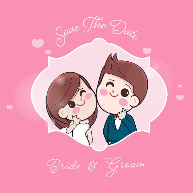 Mariée et le marié de dessin animé sur fond de carte de mariage de coeurs roses