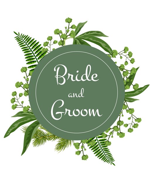 Mariée et le marié lettrage sur cercle vert avec de la verdure sur fond blanc.