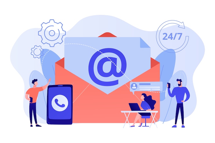 Vecteur gratuit marketing par e-mail, discussion sur internet, assistance 24 heures sur 24